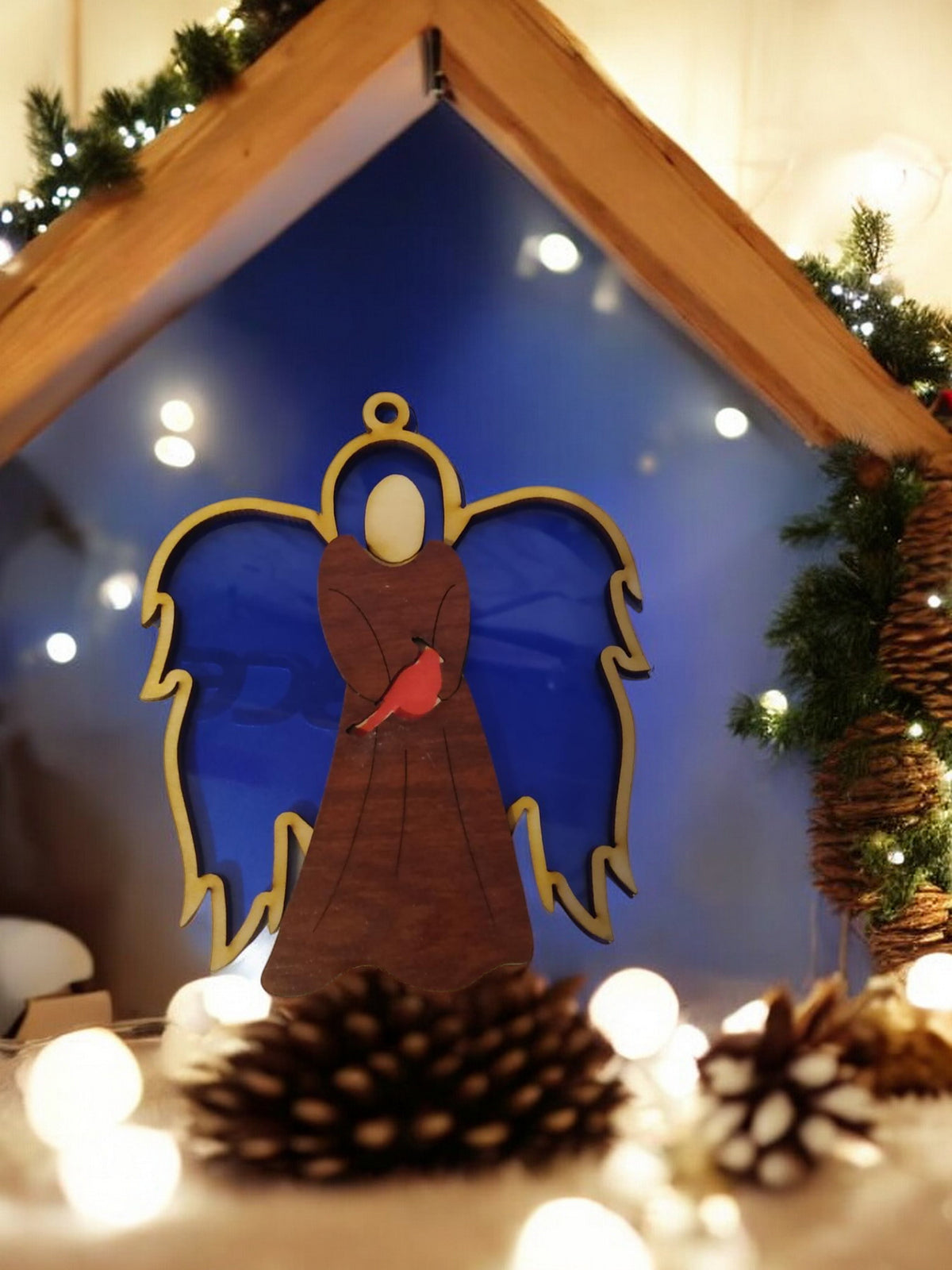 Wooden Angel Ornament with Acrylic Backer blue