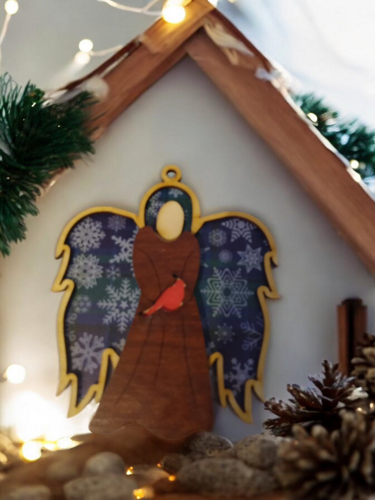 Wooden Angel Ornament with Acrylic Backer blue